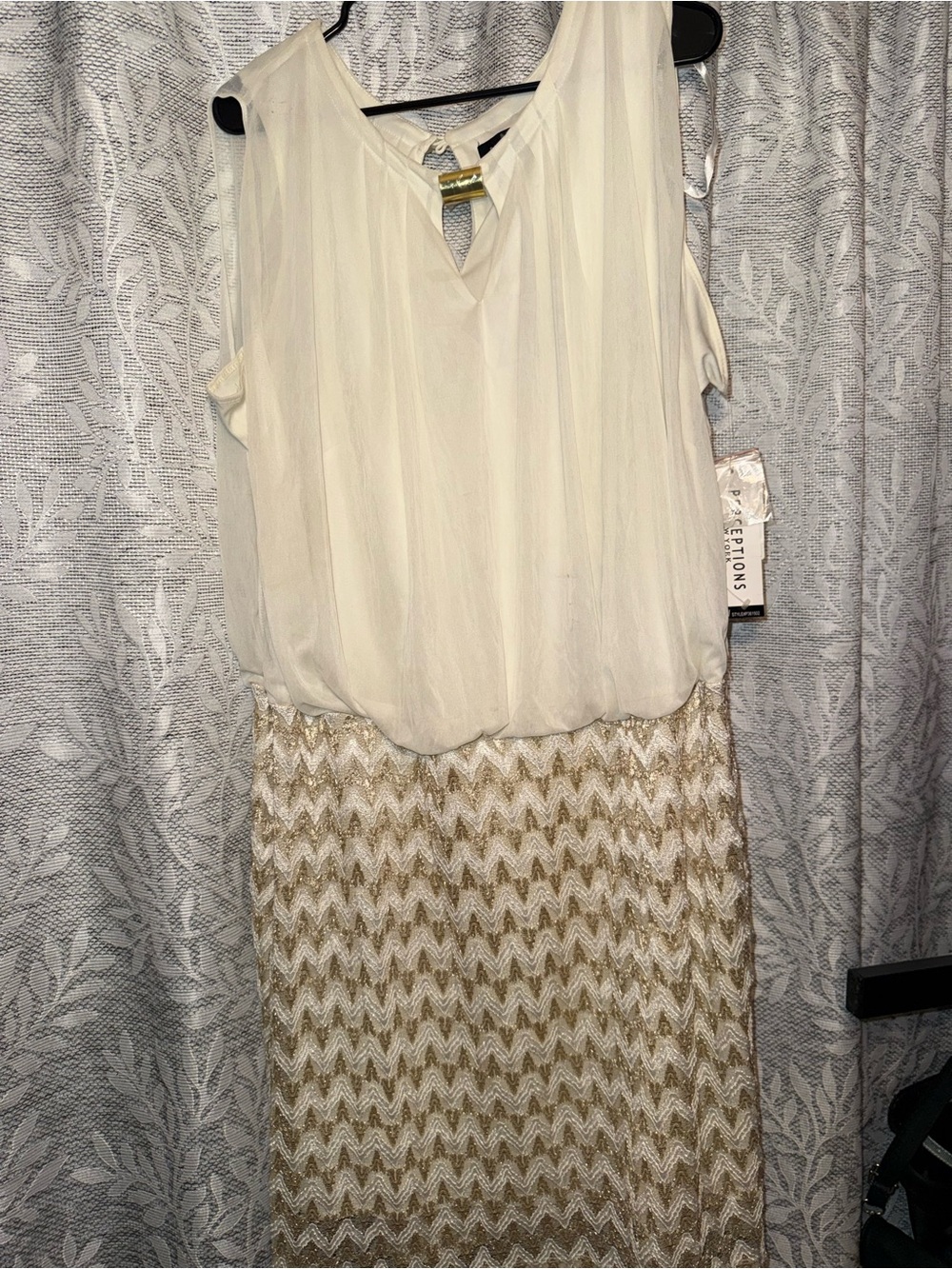 Perceptions Ivory Blouson Top with Metallic Gold Chevron Pencil Skirt 2in1 dress
